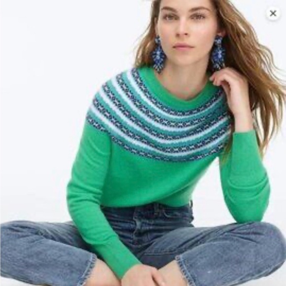 J. Crew Green Fair Isle Cashmere Crewneck Sweater - Picture 9 of 9